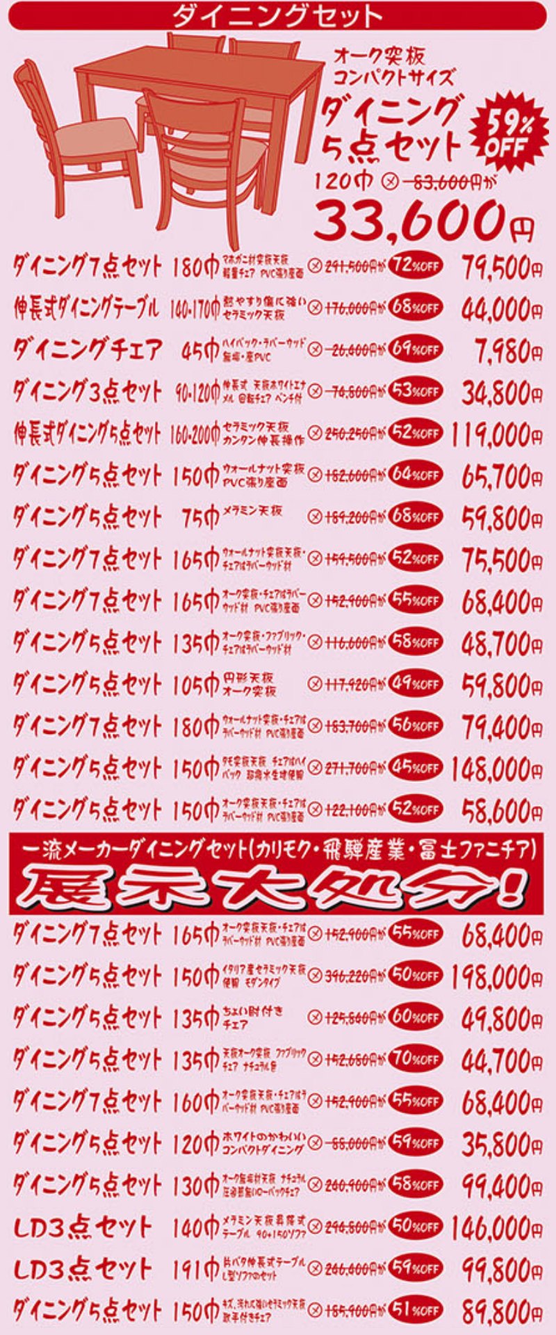 家具のホンダ太田店が大現品市！10/19・20・21の最終最後の3日間！最大96%OFF！朝10時スタート！